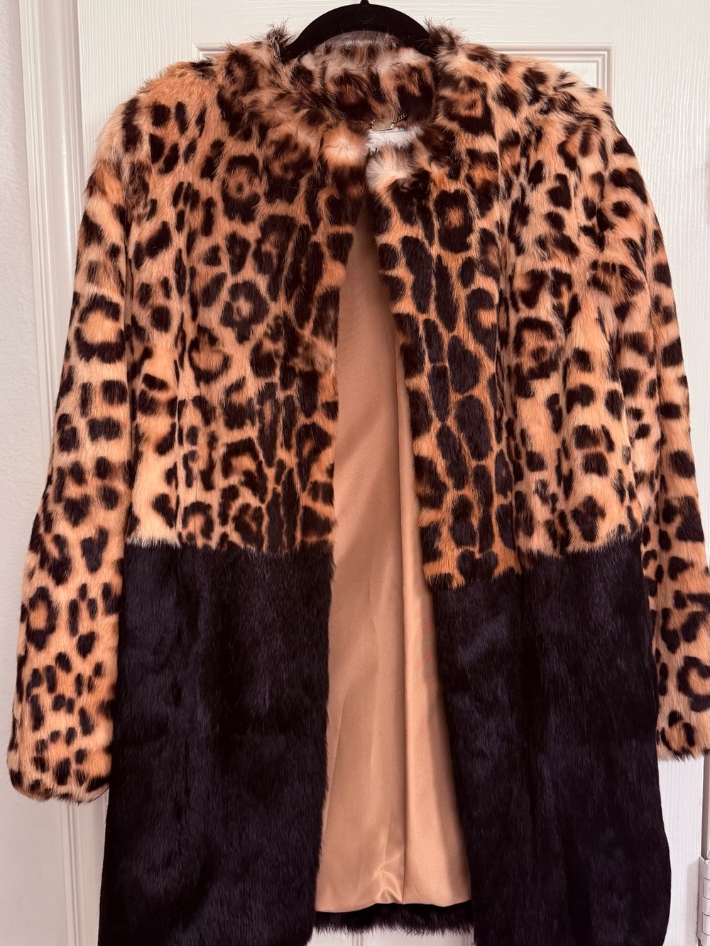 Blumarine Leopard Print Faux Fur Coat with Black Block Panel